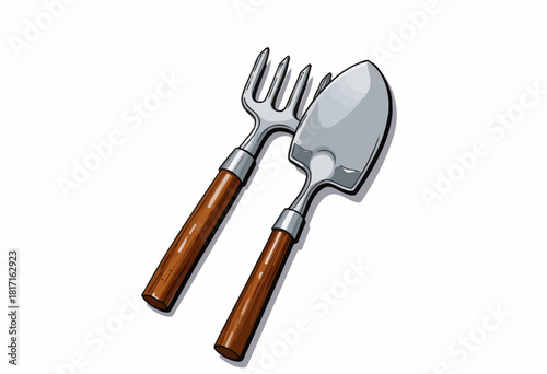 Illustration of two essential gardening tools featuring a hand trowel and a fork with wooden handles and metal heads on a white background