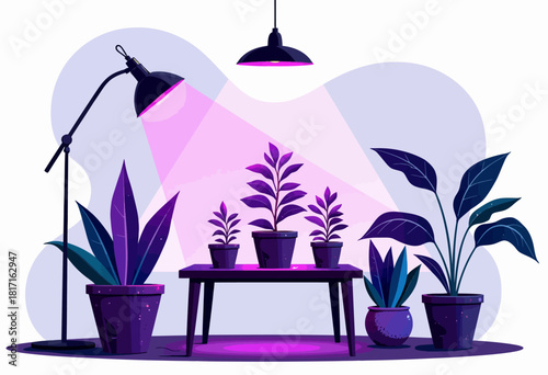 Vibrantly Illuminated Indoor Plants Beneath Stylish Modern Lamps in a Cozy Minimalist Room Featuring Contemporary Design and Soft Ambient Lighting
