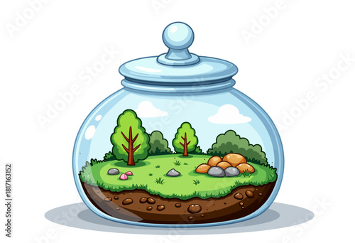 Lush Miniature Ecosystem in a Sealed Glass Terrarium Jar Featuring Trees, Rocks, and Grass Amidst a Balanced Microenvironment