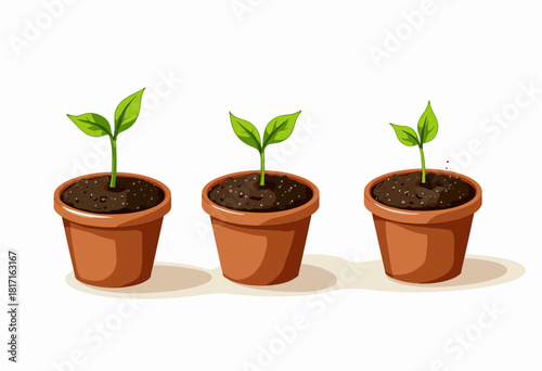 Illustration of three small plants growing in clay pots on a white background symbolizing growth, nurturing, and the beginning stages of life or a gardening journey