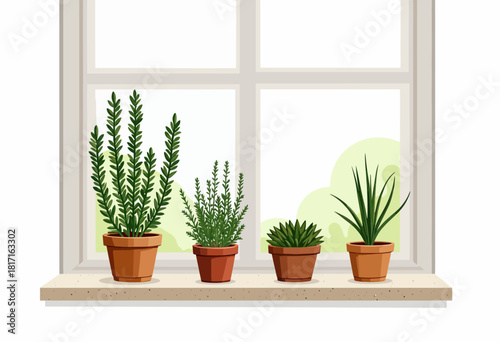 Illustration of Four Potted Plants on a Windowsill Under Bright Natural Light with Subtle Outdoor View Through the Transparent Window Glass