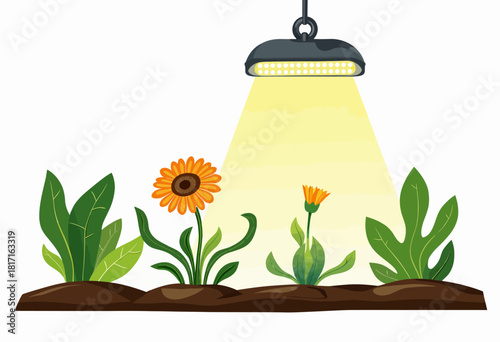 Illustration of Indoor Gardening Under LED Grow Light Featuring Sunflowers and Various Leafy Green Plants for Year-Round Cultivation