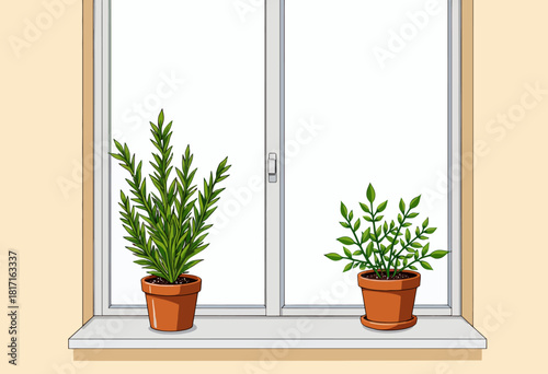 Illustration of Two Potted Houseplants Placed on a Sunlit Windowsill in a Minimalist Room Setting with a Simple White Framed Window in the Background