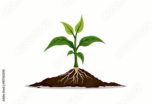 Vibrant Green Plant Sprouting in Rich Soil with Visible Roots on a White Background Symbolizing Growth and Nature's Cycle
