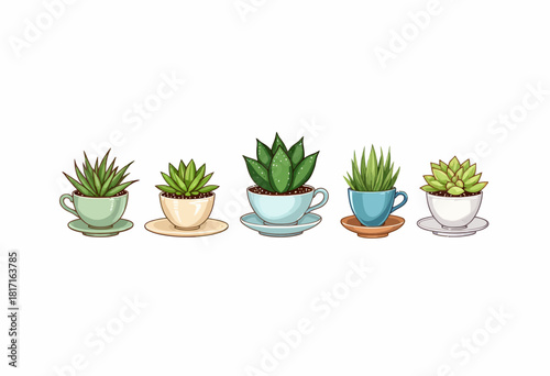 Illustration of various succulent plants artfully arranged in decorative cups, highlighting a unique blend of botanical aesthetics and creative domestic decor