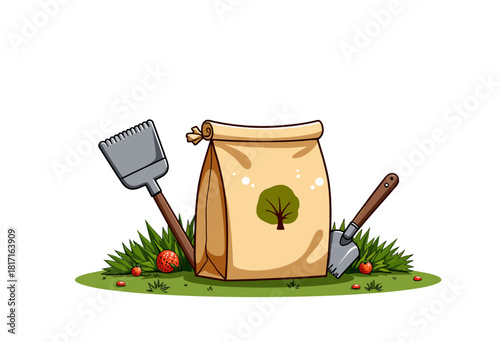 Illustration of Paper Bag with Tree Design Surrounded by Gardening Tools and Freshly Picked Strawberries on Grass