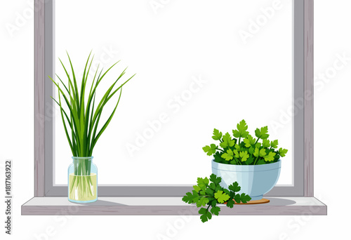 Illustration of Fresh Green Herbs in Glass Vase and Ceramic Bowl on Minimalistic Windowsill Against a Clean White Background