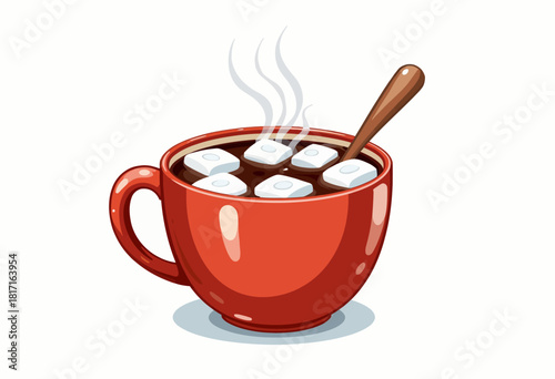Steaming Hot Chocolate in Red Mug with Six Floating Marshmallows and a Wooden Spoon Adding a Touch of Warmth and Comfort