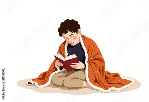 Cozy young person reading a book wrapped in a warm, soft blanket, sitting comfortably on the floor, embracing the quiet and peaceful moment of solitude and reflection.