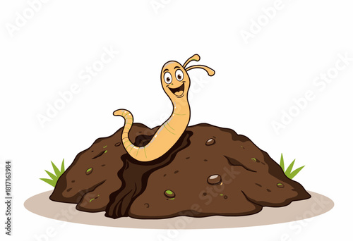 Smiling Cartoon Earthworm Emerging from Soil Pile with Grass on White Background in Animated Illustration