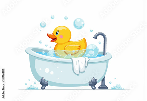 Playful Yellow Rubber Duck Floating in a Whimsical Bath Surrounded by Bubbles and Bathwater with Elegant Clawfoot Tub and Towel Draped Over the Edge