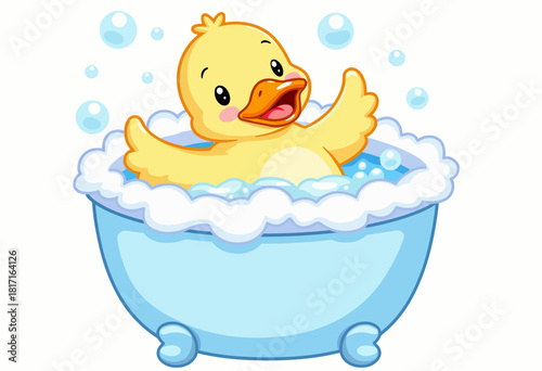 Cheerful Yellow Duckling Enthusiastically Splashing Amidst Bubbles in a Soft Blue Bathtub on a Bright and Joyful Background