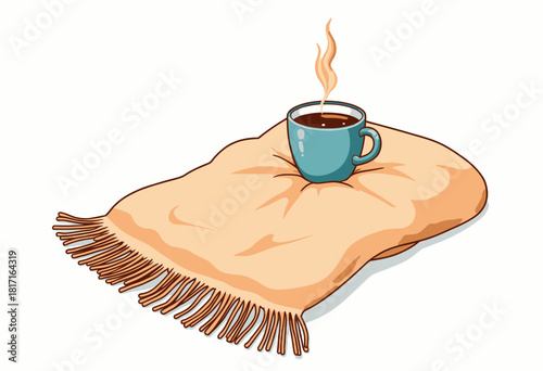 Cozy warm blanket with steaming cup of coffee or tea offering a comforting and inviting start to the day, symbolizing relaxation and a peaceful morning vibe