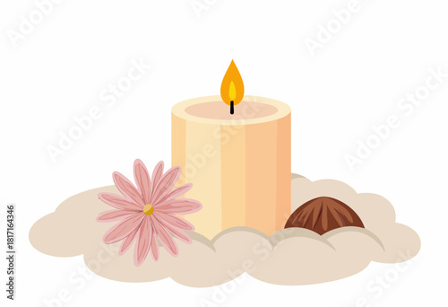 Illustration of a relaxing candle surrounded by soft clouds, a pink flower, and a brown seed, symbolizing peace, serenity, and natural tranquility