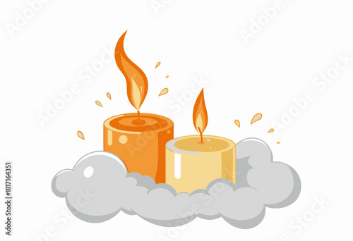 Illustration of Two Vibrant Candles Aglow on Soft Cloud with Dripping Wax and Flickering Flames Creating a Warm and Serene Atmosphere