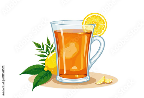 Refreshing Glass of Lemon Iced Tea with Citrus Garnish and Fresh Green Leaves for a Perfect Summer Beverage