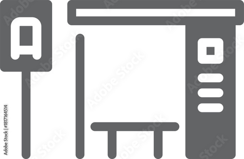 A black and white drawing of a bus stop with a bench and a sign