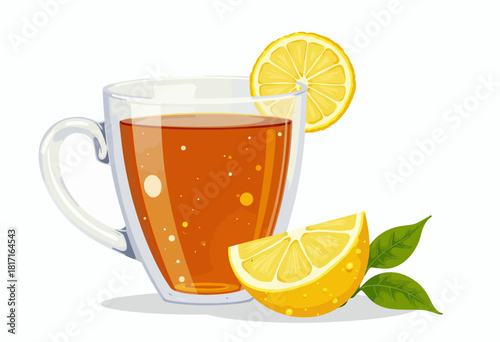 Transparent Glass Mug Filled with Refreshing Lemon Tea and Lemon Slice Garnish on a Bright White Background