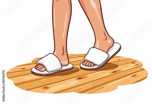 Illustration of a Person Wearing White Furry Slippers on a Wooden Floor Showcasing Comfortable Indoor Footwear for Cozy Home Relaxation