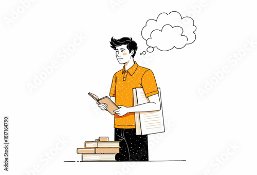 Illustration of a Thoughtful Young Man Holding Books and a Notebook with a Thinking Bubble Above His Head in a Study Environment