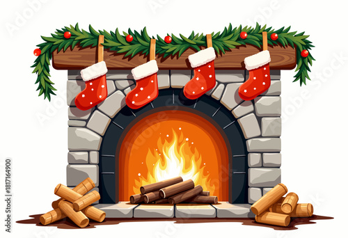 Illustration of a Cozy Stone Fireplace with Burning Logs, Hanging Red Christmas Stockings, and Green Garland for a Festive Holiday Atmosphere