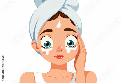 Illustration of a Skincare Routine with Young Woman Applying Moisturizing Cream Wearing a White Towel Headwrap and White Tank Top