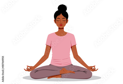 Serene Illustration of a Peaceful Meditation Pose with Female Figure in Pink Shirt and Gray Pants Sitting in Lotus Position on a Plain White Background