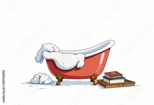 Illustration of a Vintage Red Bathtub Filled with Bubbles and Soap, Next to a Wooden Tray Holding Books on a White Background