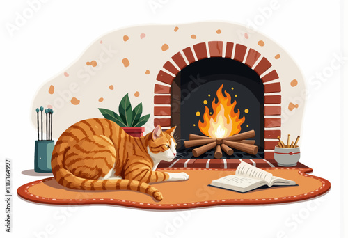 Cozy Orange Tabby Cat Relaxing by a Warm Fireplace with an Open Book and Houseplants