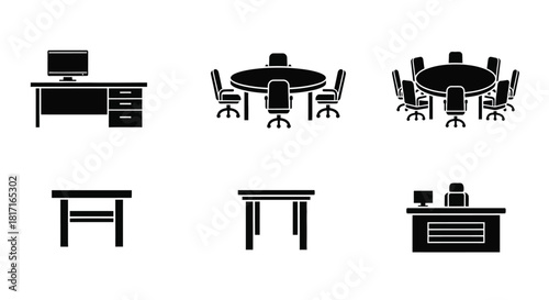 Black and white office furniture icons displaying desks chairs and tables