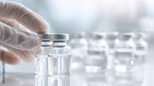 Sterile medical vials in laboratory setting with gloved hand