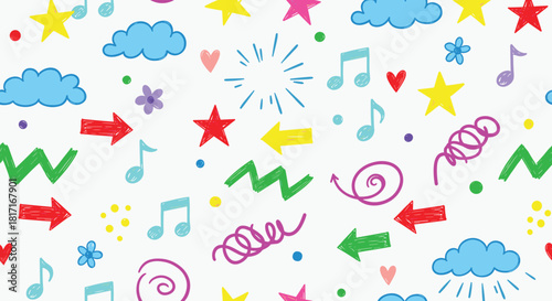 Hand drawn colorful doodle pattern with stars, clouds, arrows, music notes, hearts, flowers, and zigzags on white background isolated on white background