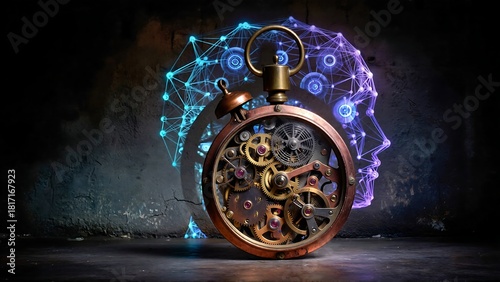 Time and technology blend beautifully in a clockwork brain concept, perfect for innovation and AI themed designs