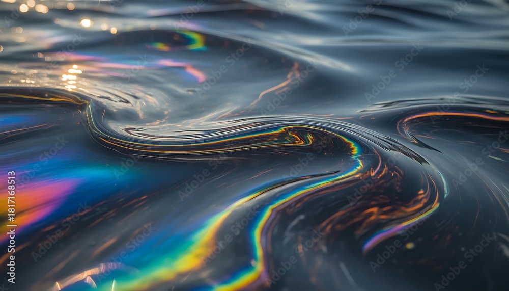 Fototapeta premium Stunning iridescent oil slick with rainbow colors shimmering on the water's surface for environmental awareness concepts