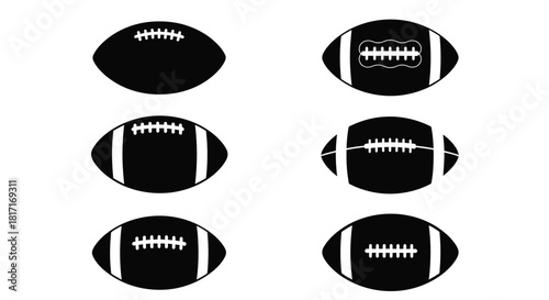 Six black and white american football icons displayed in a grid pattern