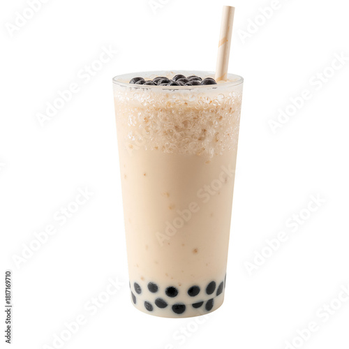 Delicious Bubble Tea With Creamy Milk and Chewy Tapioca Pearls Served in a Ta...