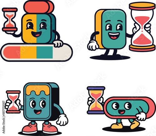 Cartoon hourglass and eraser characters with happy faces and colorful designs on transparent background