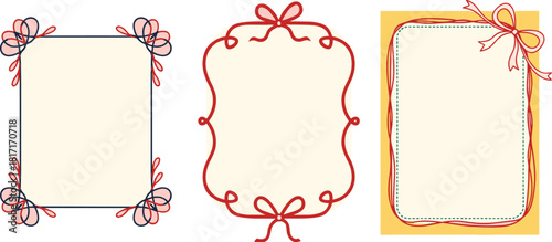 Three decorative frames with floral and ribbon designs, perfect for adding a touch of elegance to invitations, cards, or scrapbooking projects isolated on white background