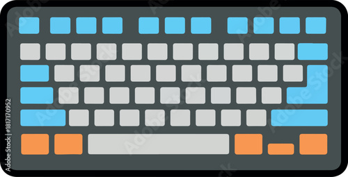 Illustration of a computer keyboard with blue, gray, and orange keys.