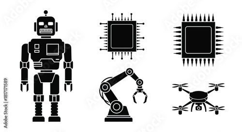 Robotics and artificial intelligence components illustrated in a monochrome style