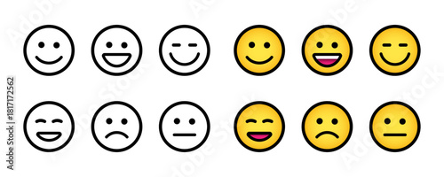 Smiley face icons isolated on transparent background. Set of linear emoticons and colorful icons. Happy and sad emojis. Vector illustration