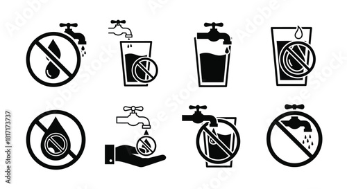 Various black and white icons depicting prohibited water usage and sources