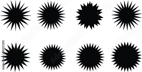 Collection of eight black starburst shapes isolated on white background, each with a unique design, perfect for adding a touch of dynamism to your projects