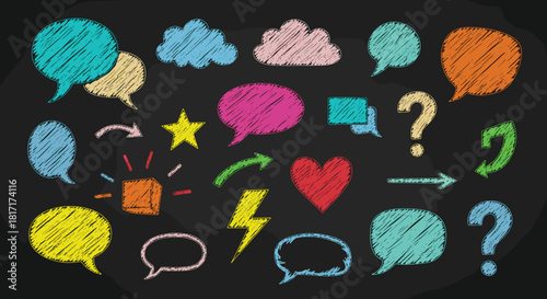 A colorful array of handdrawn speech bubbles, clouds, arrows, and symbols, creating a playful and communicative design on a chalkboard background