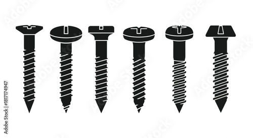 A collection of various screw types depicted in a simple black and white style