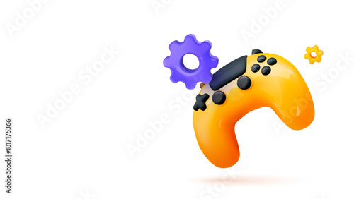 Game Controller Repair And Maintenance Concept With 3D Gear Icon, Highlighting Service, Fixing, And Technical Support In Modern Gaming Design. Vector Illustration.