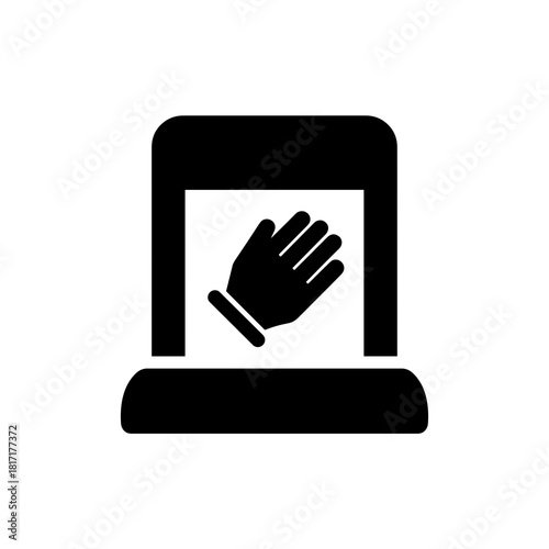 Minimal black glove dispenser icon showing a hand inside a rectangular holder symbol