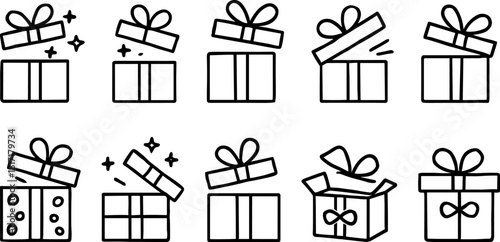 Vintage Christmas toys and gifts icons set. Rocking horse, nutcracker, teddy bear, decorations. Outline vector illustrations