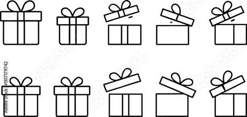 Vintage Christmas toys and gifts icons set. Rocking horse, nutcracker, teddy bear, decorations. Outline vector illustrations