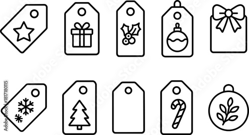 Vintage Christmas toys and gifts icons set. Rocking horse, nutcracker, teddy bear, decorations. Outline vector illustrations